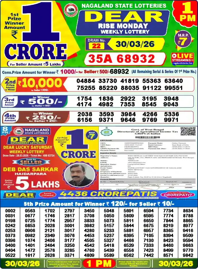 Lottery Sambad 30.03.26 Dear Lottery 1 PM March 30, 2026