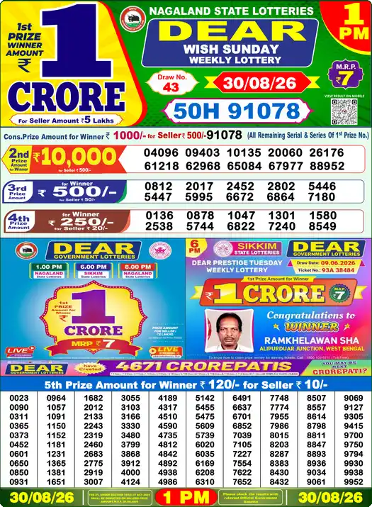 Lottery Sambad 30.08.26 Dear Lottery 1 PM August 30, 2026