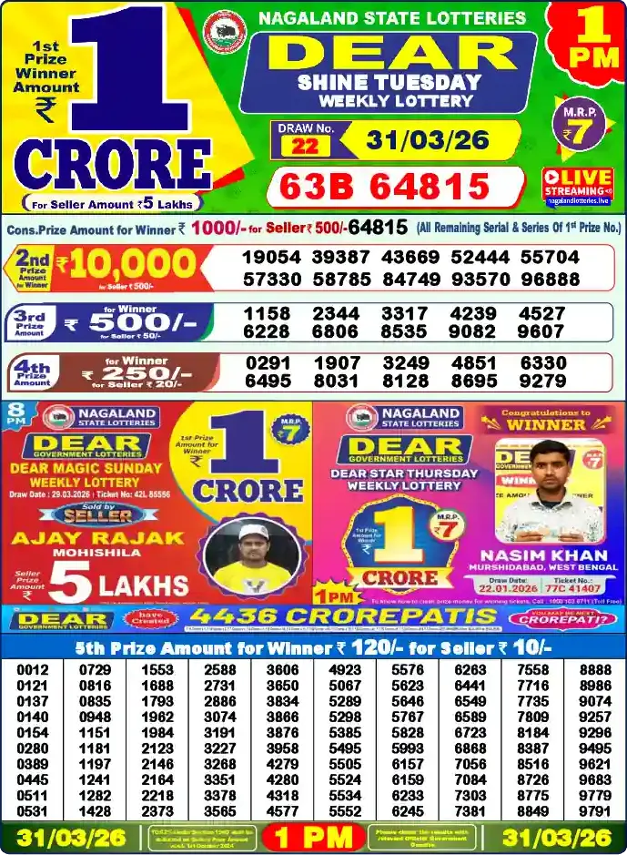 Lottery Sambad 31.03.26 Dear Lottery 1 PM March 31, 2026