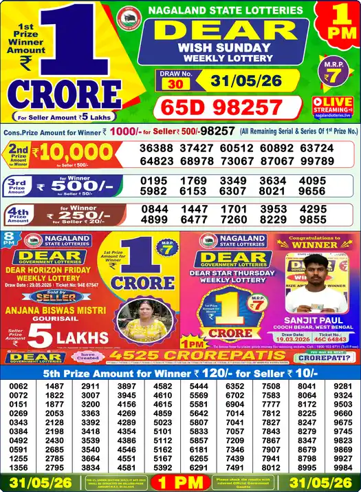 Lottery Sambad 31.05.26 Dear Lottery 1 PM May 31, 2026
