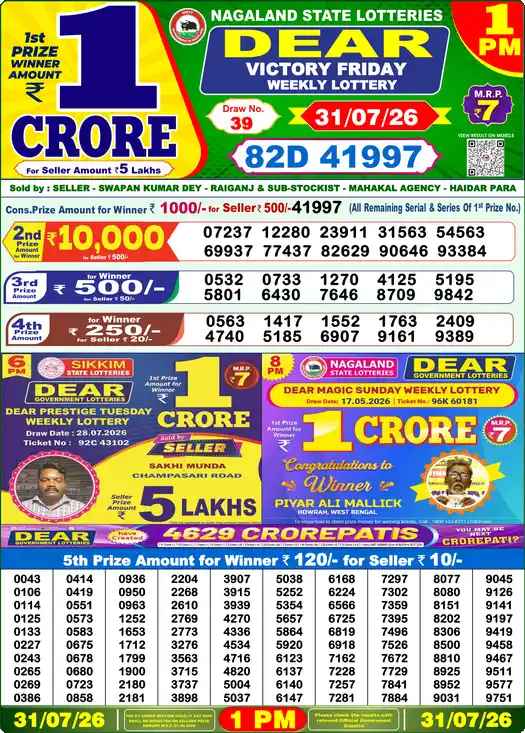 Lottery Sambad 31.07.26 Dear Lottery 1 PM July 31, 2026