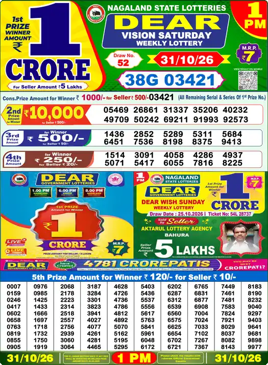 Dear Lottery Result Today 1 PM 31 October 2026