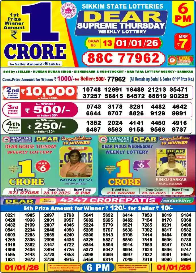 Lottery Sambad 01.01.26 Dear Lottery 6 PM January 01, 2026