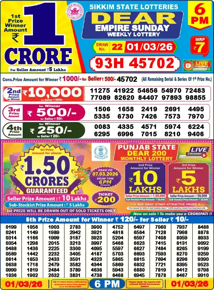 Lottery Sambad 01.03.26 Dear Lottery 6 PM March 01, 2026