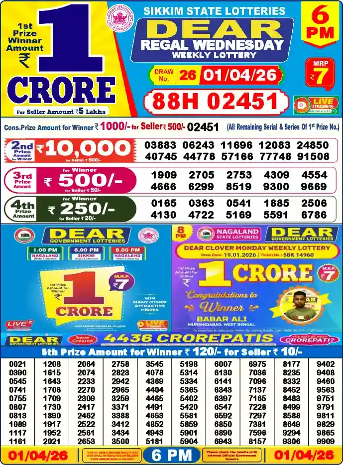 Lottery Sambad 01.04.26 Dear Lottery 6 PM April 01, 2026