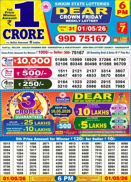 Lottery Sambad 01.05.26 Dear Lottery 6 PM May 01, 2026