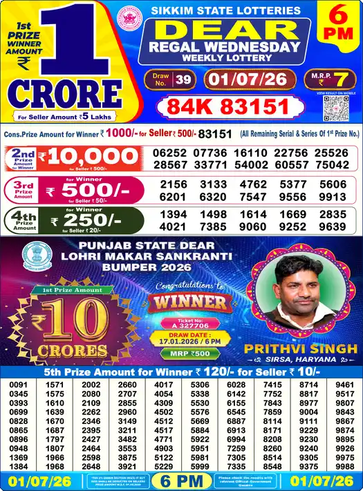 Dear Lottery Result Yesterday 6 PM 01 July 2026