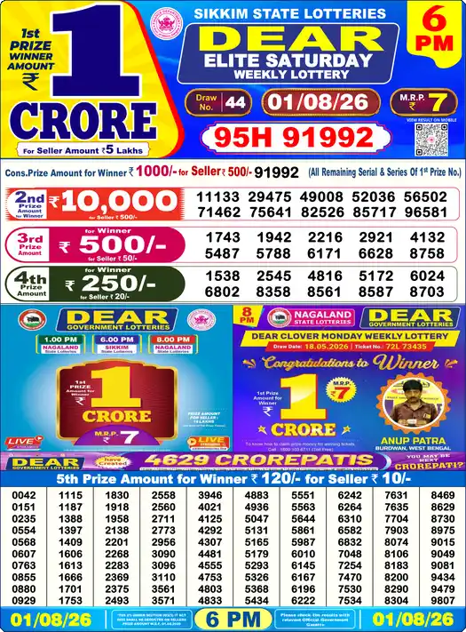 Lottery Sambad 01.08.26 Dear Lottery 6 PM August 01, 2026