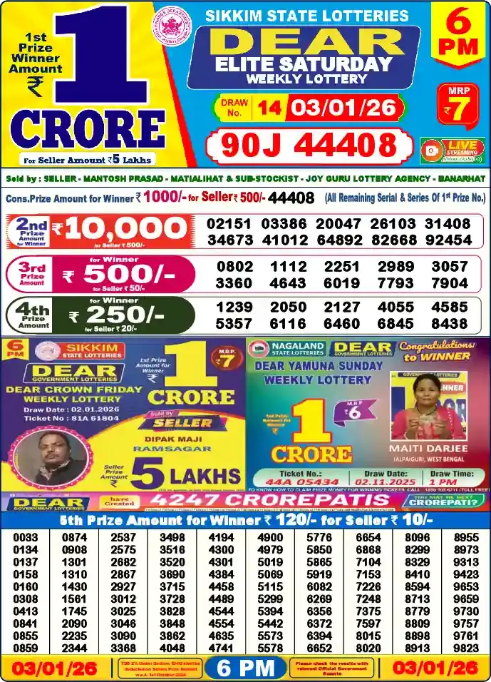 Lottery Sambad 03.01.26 Dear Lottery 6 PM January 03, 2026