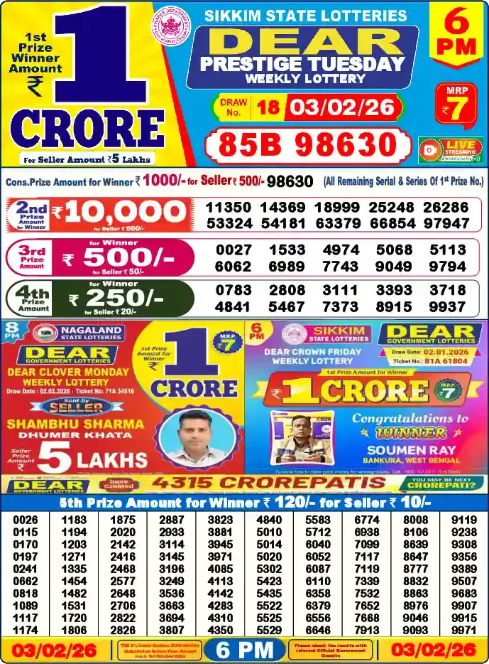 Lottery Sambad 03.02.26 Dear Lottery 6 PM February 03, 2026