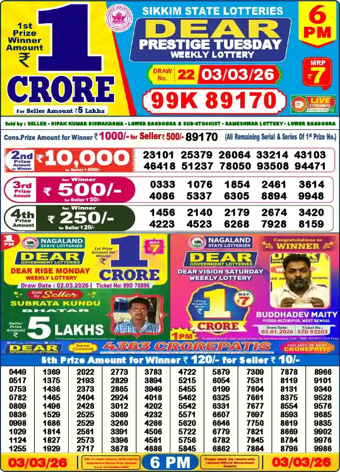 Lottery Sambad 03.03.26 Dear Lottery 6 PM March 03, 2026