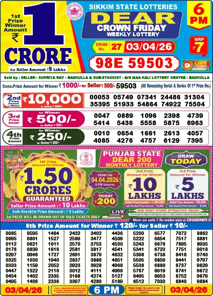 Lottery Sambad 03.04.26 Dear Lottery 6 PM April 03, 2026