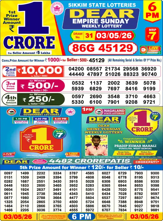 Lottery Sambad 03.05.26 Dear Lottery 6 PM May 03, 2026