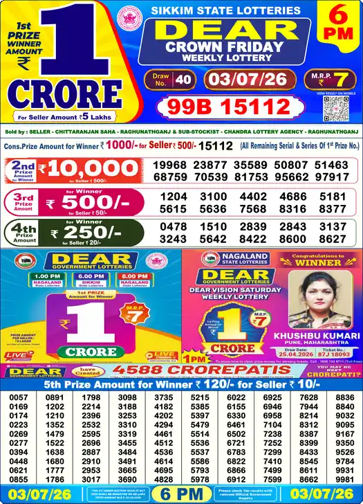 Lottery Sambad 03.07.26 Dear Lottery 6 PM July 03, 2026
