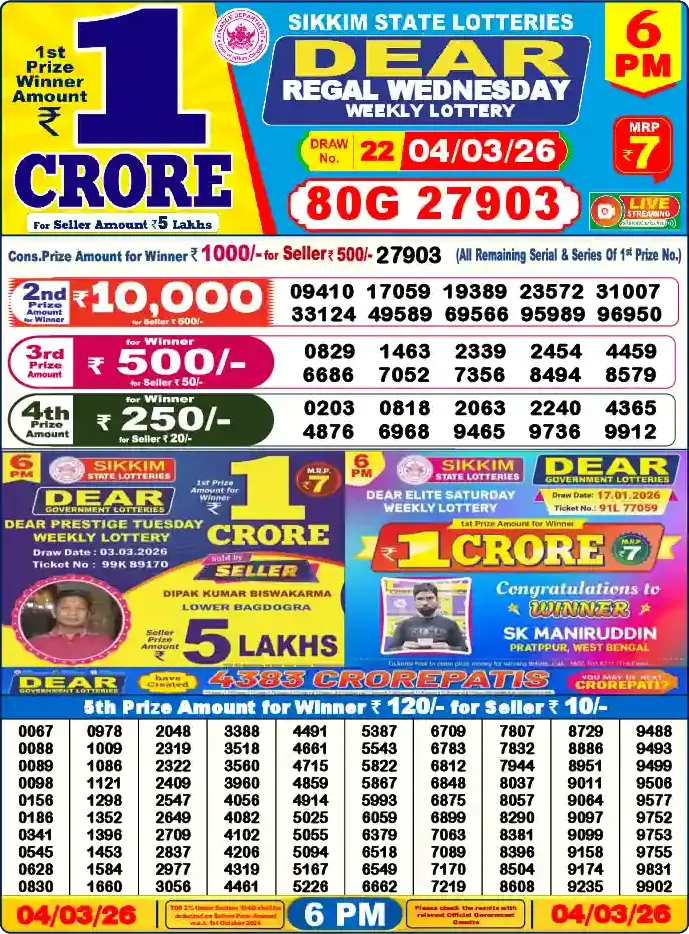 Lottery Sambad 04.03.26 Dear Lottery 6 PM March 04, 2026