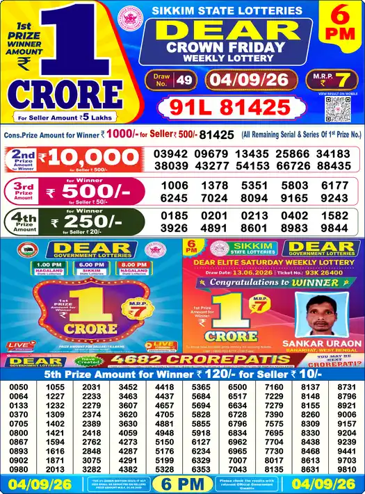 Dear Lottery Result Today 6 PM 04 September 2026