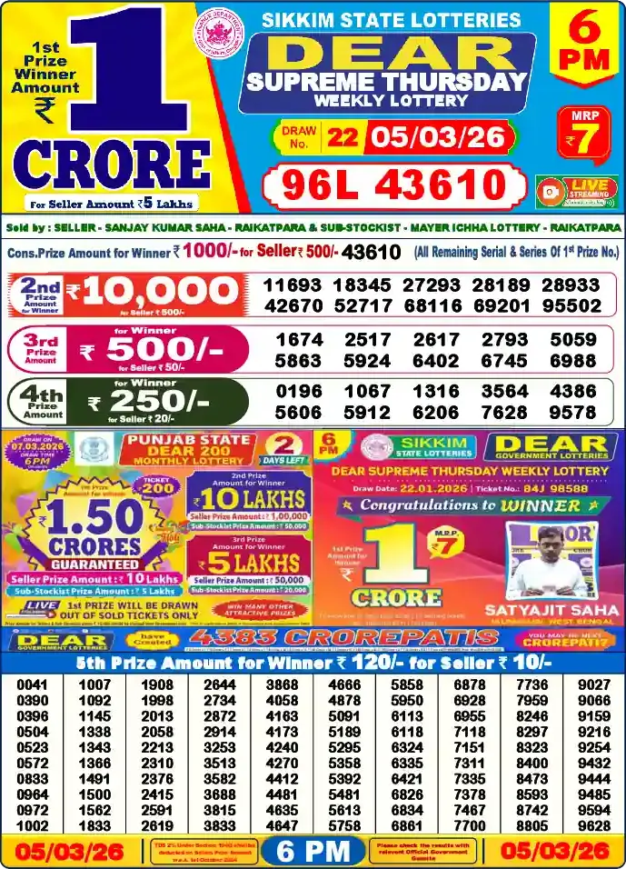 Lottery Sambad 05.03.26 Dear Lottery 6 PM March 05, 2026