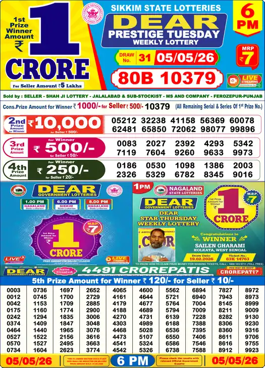 Lottery Sambad 05.05.26 Dear Lottery 6 PM May 05, 2026