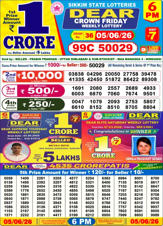 Lottery Sambad 05.06.26 Dear Lottery 6 PM June 05, 2026