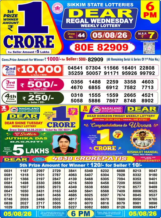 Lottery Sambad 05.08.26 Dear Lottery 6 PM August 05, 2026