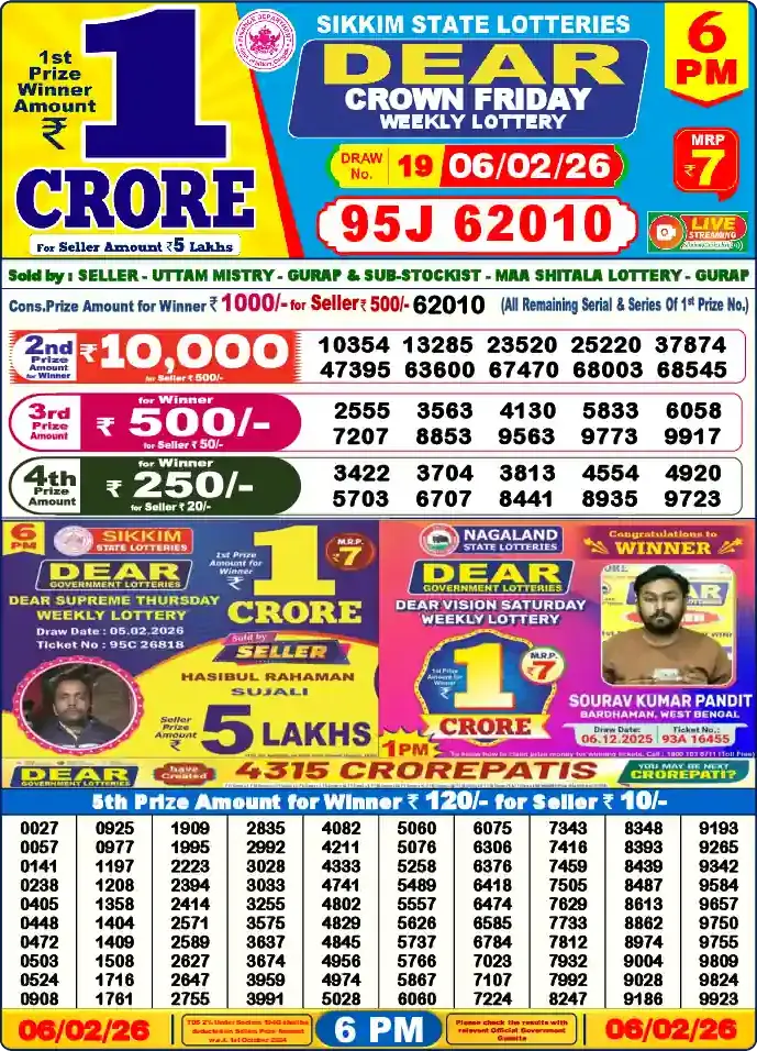 Lottery Sambad 06.02.26 Dear Lottery 6 PM February 06, 2026