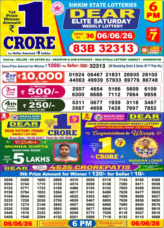 Dear Lottery Result Today 6 PM 06 June 2026