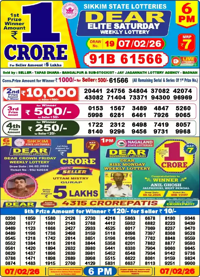 Lottery Sambad 07.02.26 Dear Lottery 6 PM February 07, 2026