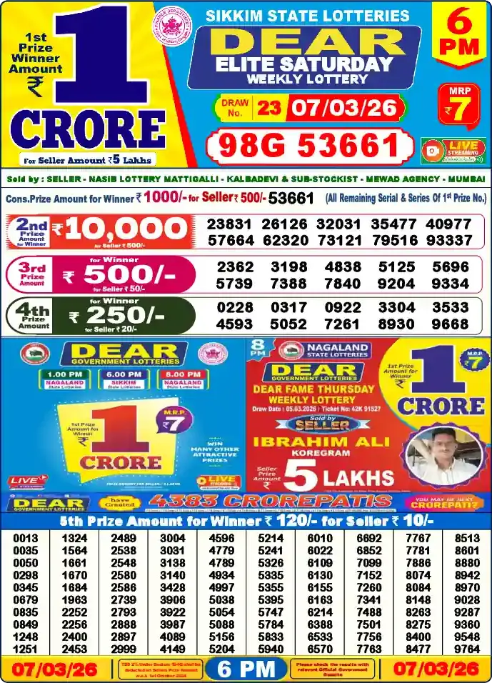 Lottery Sambad 07.03.26 Dear Lottery 6 PM March 07, 2026
