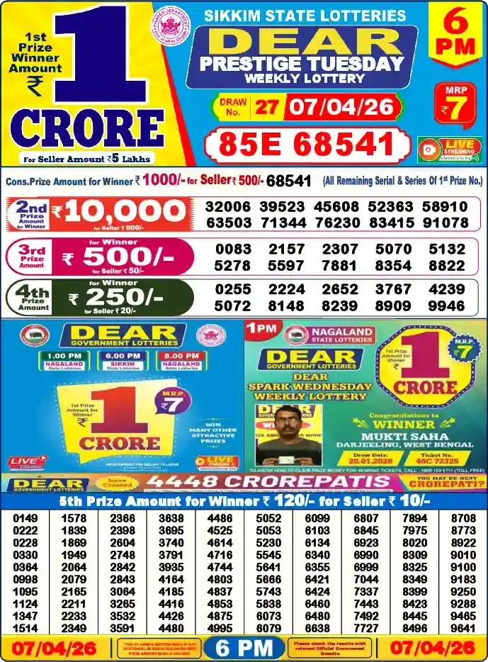 Lottery Sambad 07.04.26 Dear Lottery 6 PM April 07, 2026