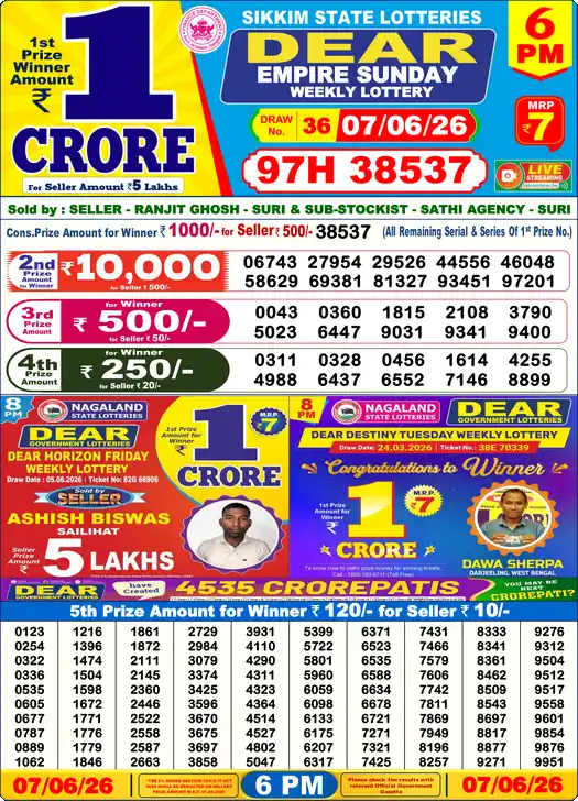 Lottery Sambad 07.06.26 Dear Lottery 6 PM June 07, 2026