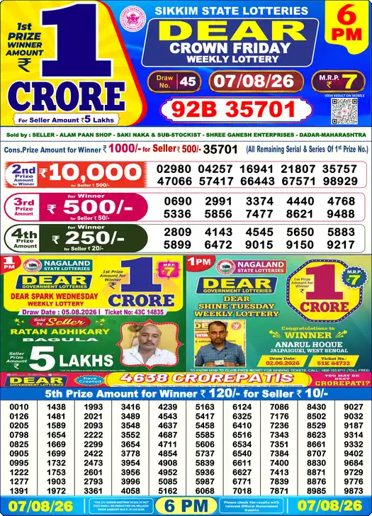Lottery Sambad 07.08.26 Dear Lottery 6 PM August 07, 2026