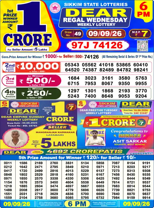 Lottery Sambad 09.09.26 Dear Lottery 6 PM September 09, 2026