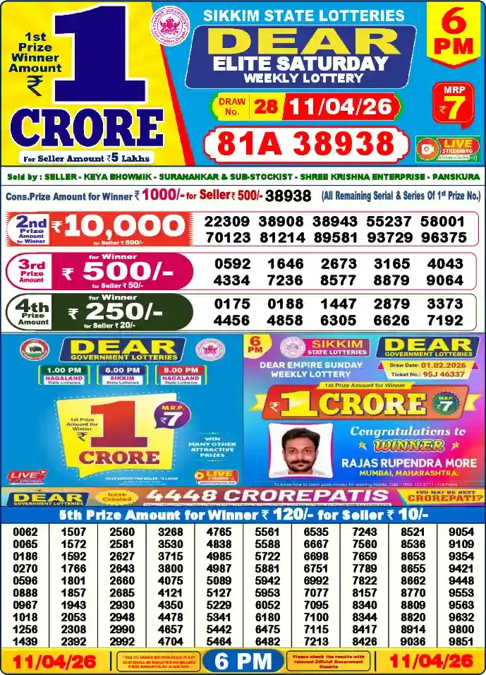 Lottery Sambad 11.04.26 Dear Lottery 6 PM April 11, 2026