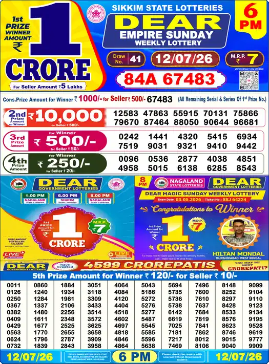 Lottery Sambad 12.07.26 Dear Lottery 6 PM July 12, 2026