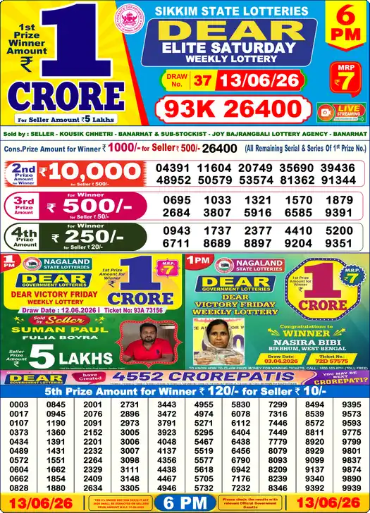 Lottery Sambad 13.06.26 Dear Lottery 6 PM June 13, 2026