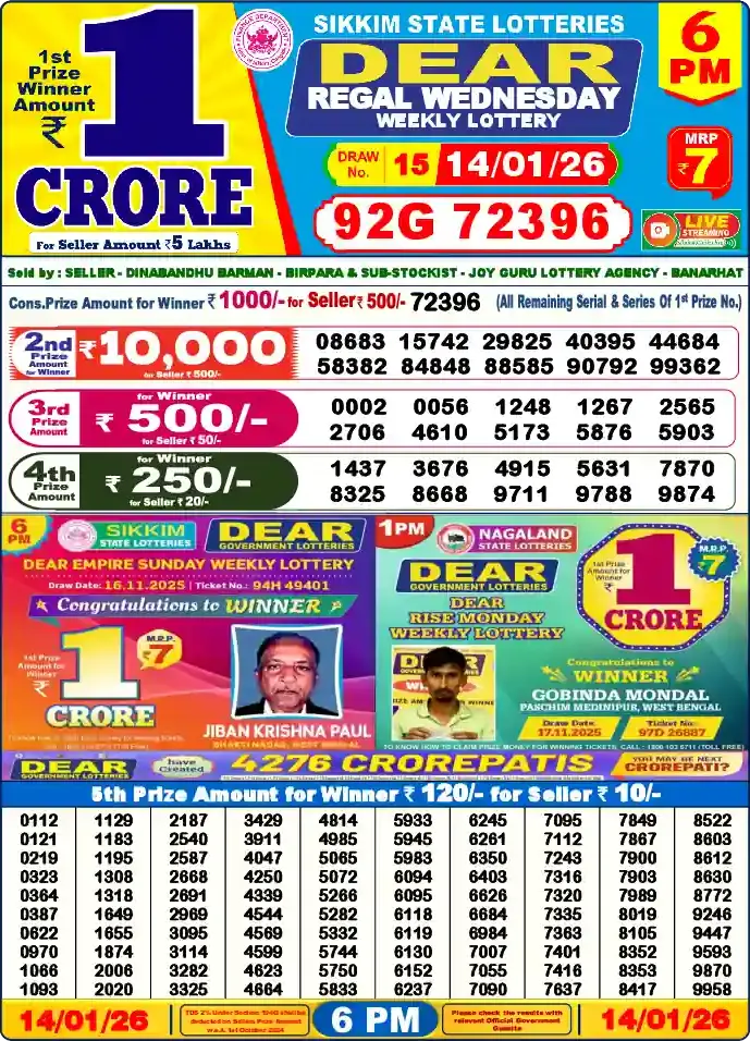 Lottery Sambad 14.01.26 Dear Lottery 6 PM January 14, 2026