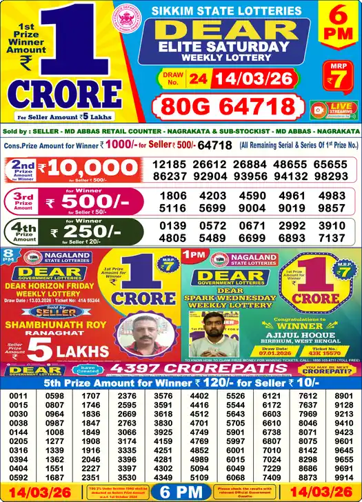 Lottery Sambad 14.03.26 Dear Lottery 6 PM March 14, 2026