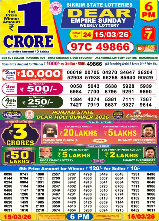 Lottery Sambad 15.03.26 Dear Lottery 6 PM March 15, 2026