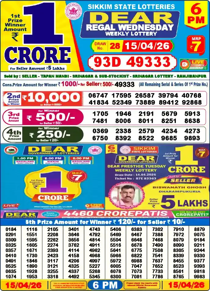 Lottery Sambad 15.04.26 Dear Lottery 6 PM April 15, 2026