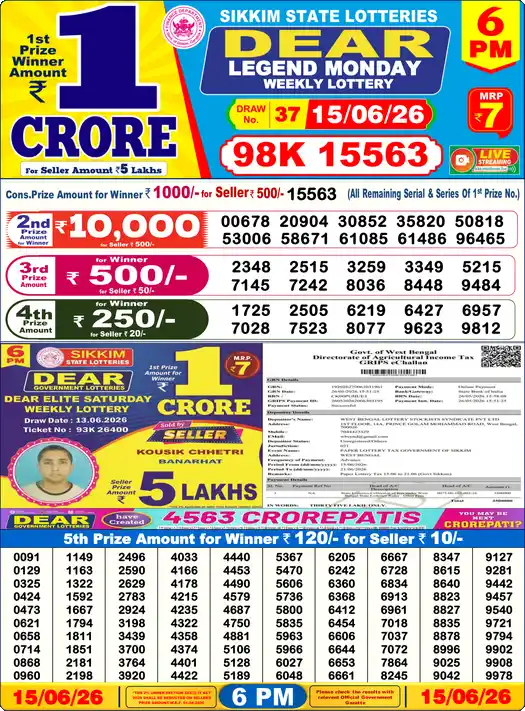 Lottery Sambad 15.06.26 Dear Lottery 6 PM June 15, 2026