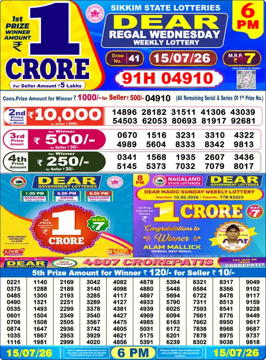 Lottery Sambad 15.07.26 Dear Lottery 6 PM July 15, 2026