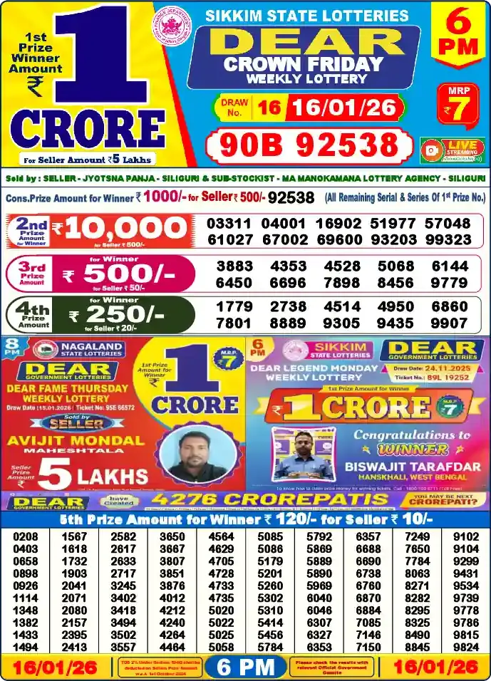 Lottery Sambad 16.01.26 Dear Lottery 6 PM January 16, 2026