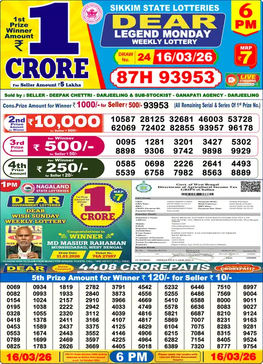 Lottery Sambad 16.03.26 Dear Lottery 6 PM March 16, 2026