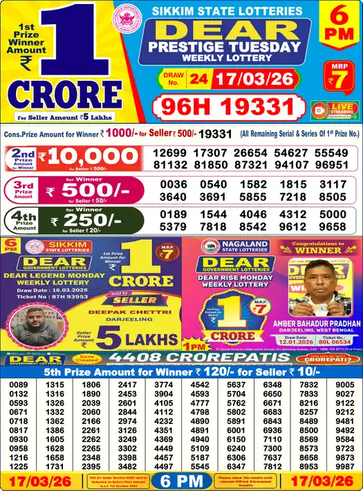 Lottery Sambad 17.03.26 Dear Lottery 6 PM March 17, 2026