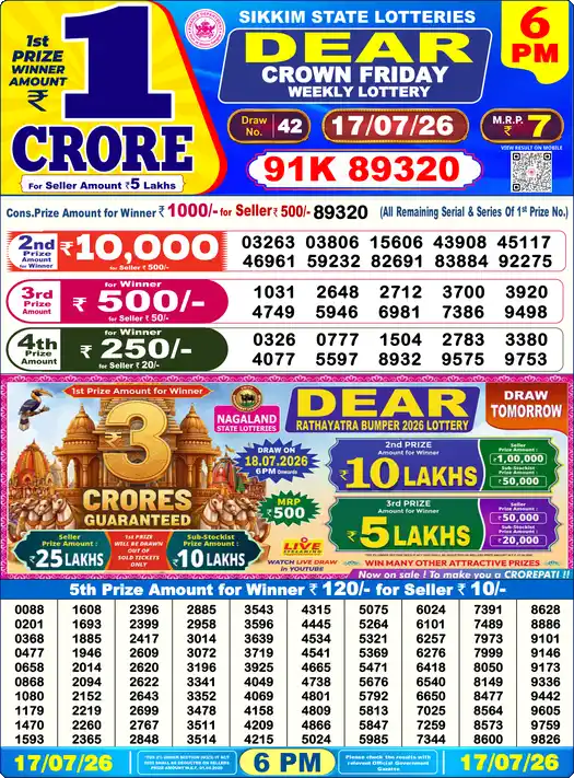 Lottery Sambad 17.07.26 Dear Lottery 6 PM July 17, 2026