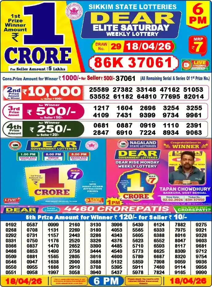 Lottery Sambad 18.04.26 Dear Lottery 6 PM April 18, 2026
