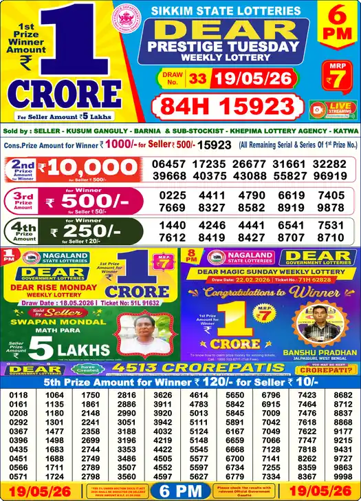 Lottery Sambad 19.05.26 Dear Lottery 6 PM May 19, 2026