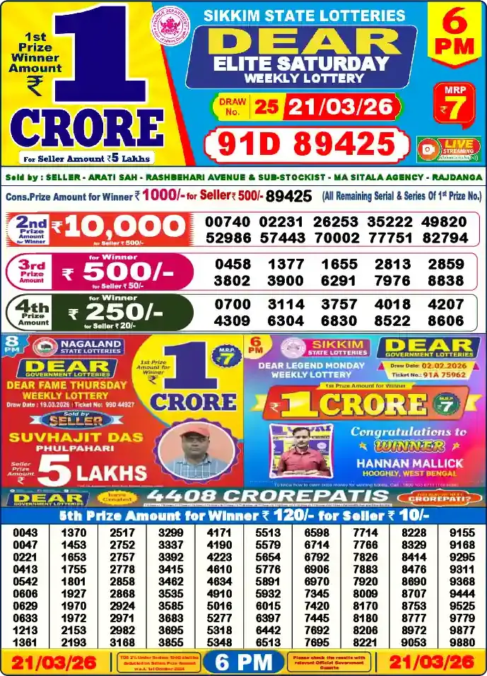 Lottery Sambad 21.03.26 Dear Lottery 6 PM March 21, 2026