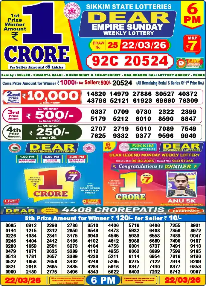 Lottery Sambad 22.03.26 Dear Lottery 6 PM March 22, 2026