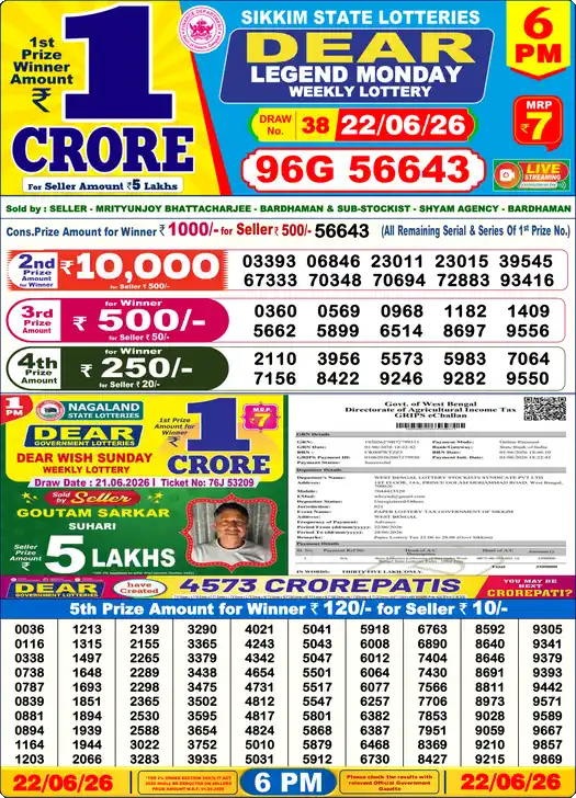 Lottery Sambad 22.06.26 Dear Lottery 6 PM June 22, 2026